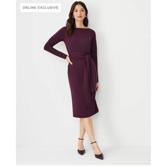 Ann Taylor Dresses & Skirts - ANN TAYLOR Plum Long Sleeve Tie Waist Sheath Midi Dress // 10
